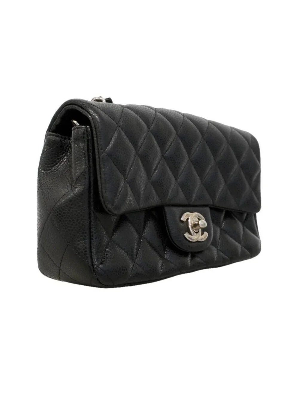 Chanel Shoulder Bag Mini Quilted Caviar Leather Black Silver